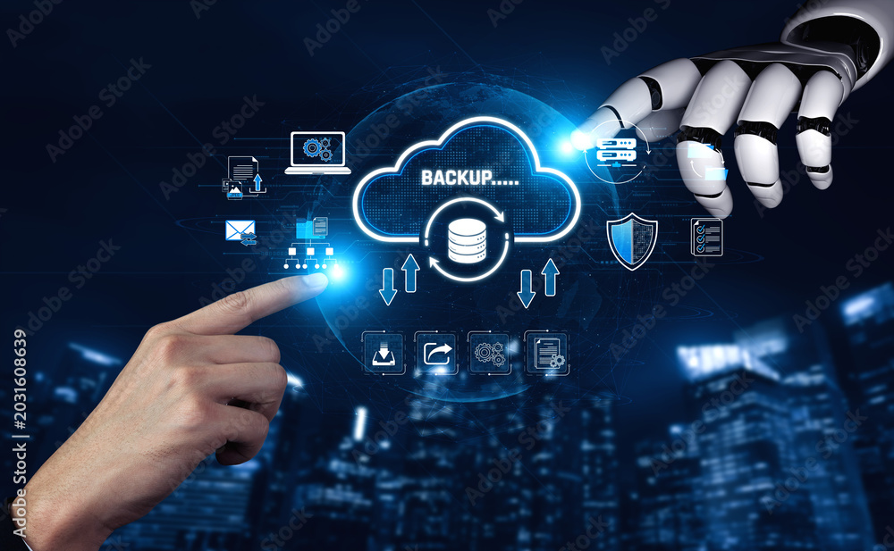 Obraz premium Futuristic Hand Interacting with Cloud Backup and Data Security Icons in a Digital Environment Representing Modern Technology and Artificial Intelligence Sigmoid