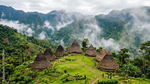 Traditional cone shaped wooden houses in remote mountain valley village