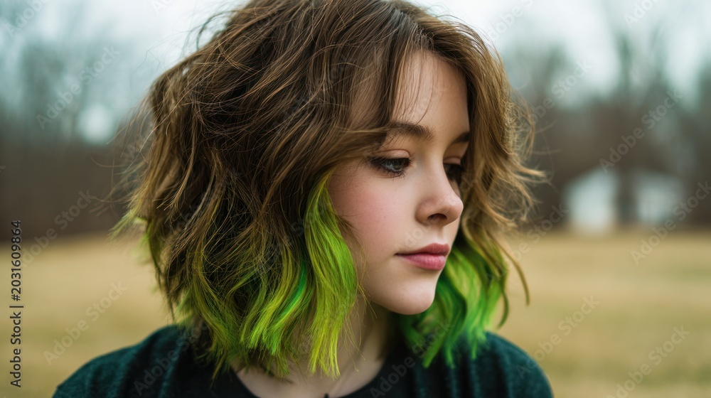Naklejka premium Caucasian teenage girl with short brown hair and neon green dyed ends looks down thoughtfully while posing outdoors in a field on a cloudy day.
