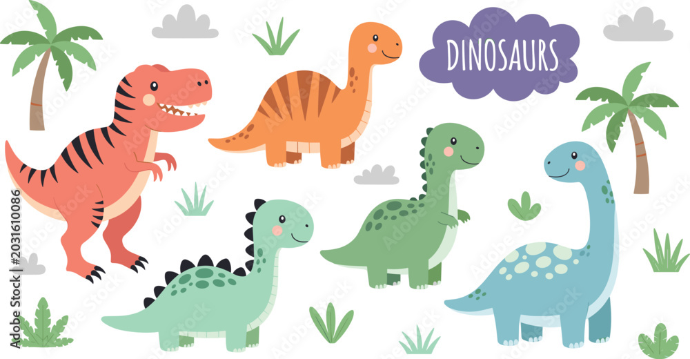 Fototapeta premium Cute Cartoon Dinosaurs Vector Clipart Collection with Tyrannosaurus Rex Brachiosaurus and Palm Trees for Nursery Wall Art and Kids Graphic Designs