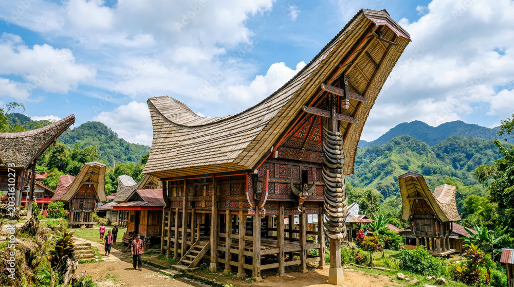 Fototapeta premium Traditional Tongkonan houses with curved boat shaped roofs and buffalo horns