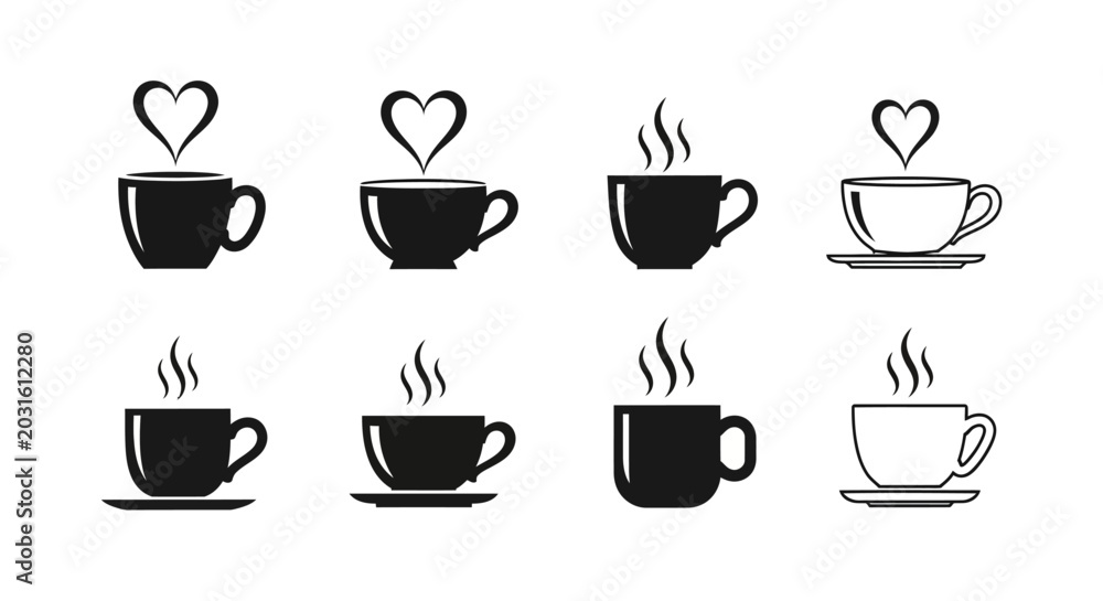 Obraz premium Coffee cup vector icons with hot beverage steam in heart and swirl shapes collection of black and white line art and silhouettes on clean background