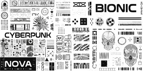 Schilderij op canvas cyberpunk collage with robotic elements skulls and geometric shapes in monochrom