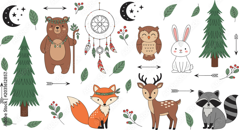 Fototapeta premium Cute Tribal Woodland Forest Animals Vector Clipart Set with Bear Fox Owl Deer Dreamcatcher and Pine Trees for Kids Nursery Graphic Designs