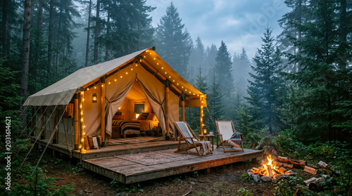 Luxury glamping safari tent with warm string lights in misty pine forest