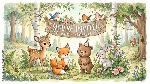 Cute Forest Animals Party Invitation: Deer, Fox, Bear, Rabbit with Banner