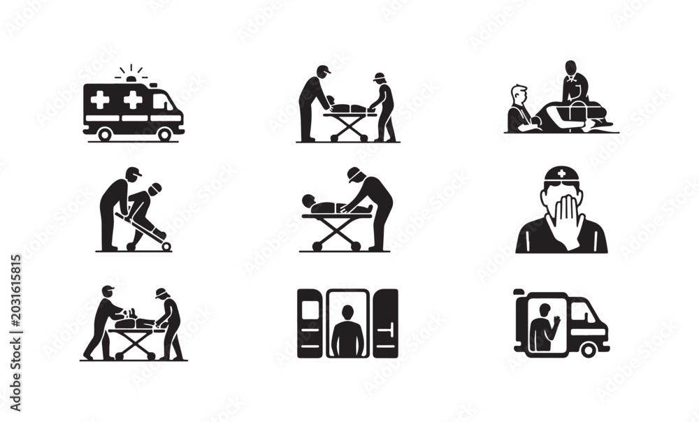 Fototapeta premium Emergency medical responders performing rescue operations with ambulance and patient cots.
