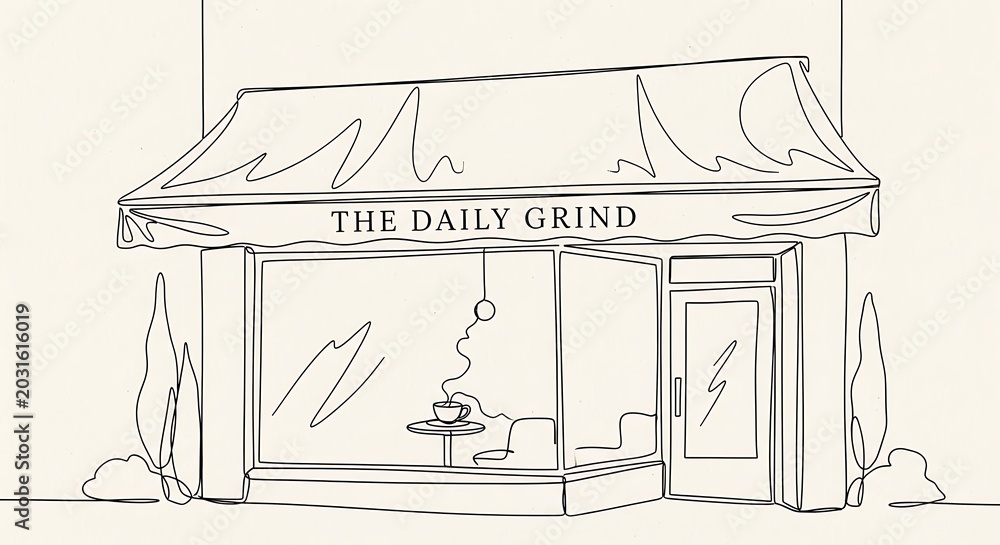 Fototapeta premium Minimalist line art illustration of a cozy coffee shop storefront named The Daily Grind