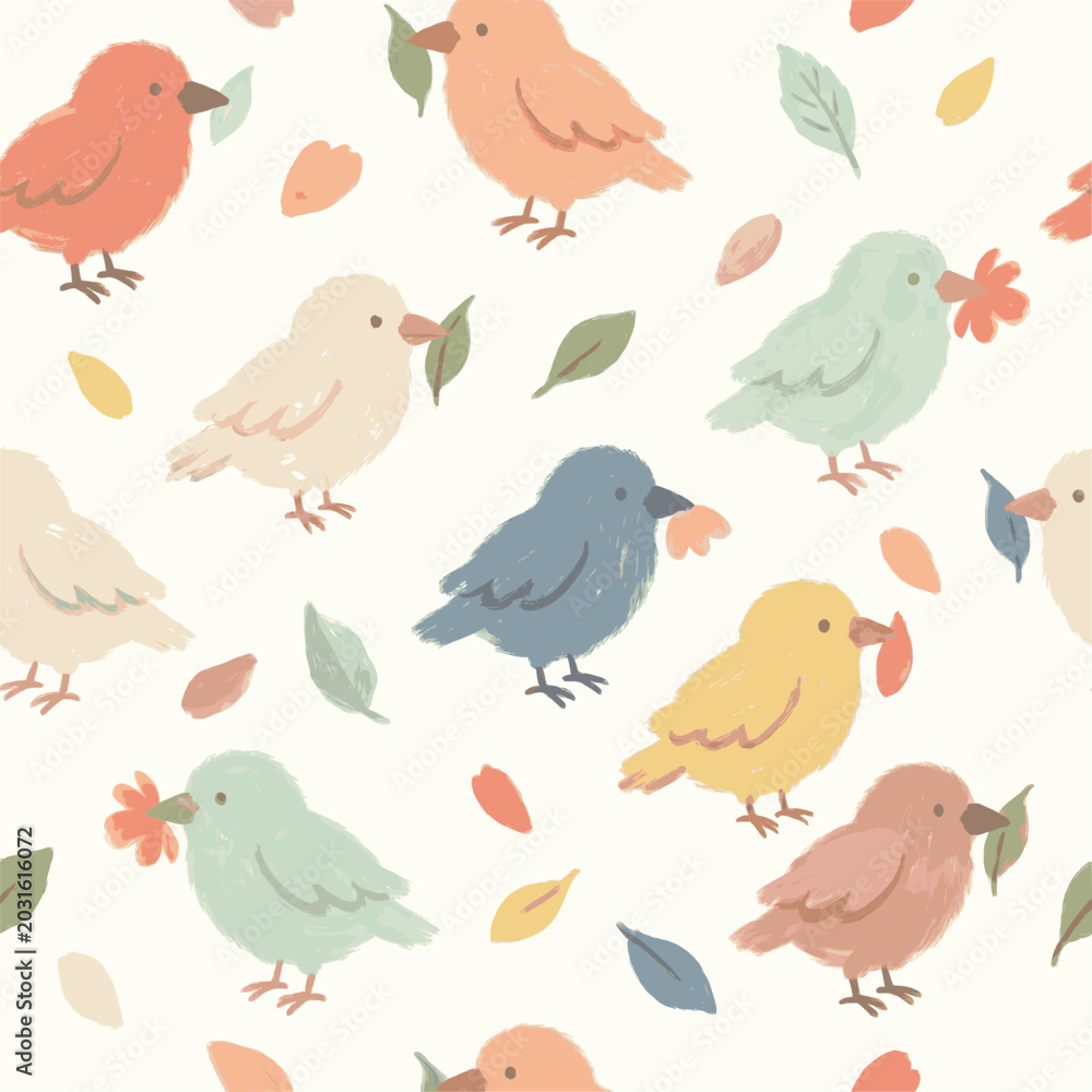 Obraz premium Colorful Birds with Flowers Seamless Pattern