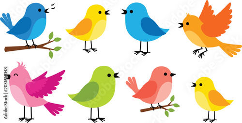 Canvas Print Cute Colorful Birds Cartoon Character Clipart Vector Set with Singing Flying and