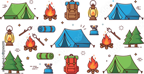 Cuadro en lienzo Camping and Adventure Equipment Vector Icon Set for Outdoor Activity and Travel