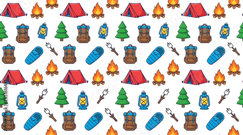 Cuadro en lienzo Seamless Camping Pattern Background with Outdoor Equipment Icons