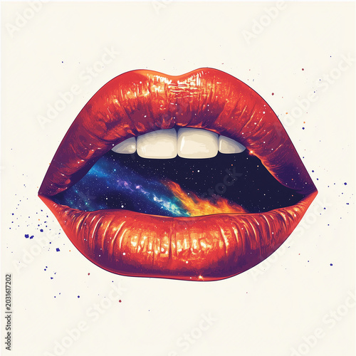 Retro pop style mouth, red lips with teeth showing, lips are floating in space with white background.