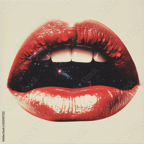 Retro pop style mouth, red lips with teeth showing, lips are floating in space with white background.