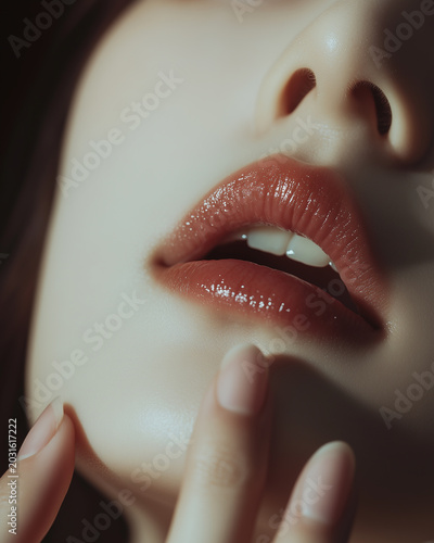 A close-up of the lips and fingers, with an Asian woman's hand and nails.