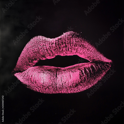 Black background, a kiss mark in shocking pink coloring.