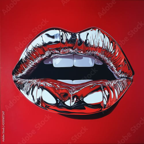 Art of a mouth on red background chrome with and chromatic abberations silver chrome shining metal piece.