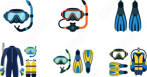 Foto Scuba Diving Equipment Icon Collection with Snorkel Mask, Swim Fins, Wetsuit, an