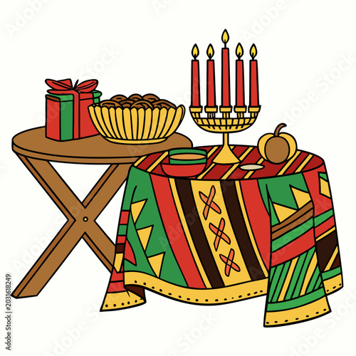 festive kwa table setting vector illustration with candles gift and fruit
