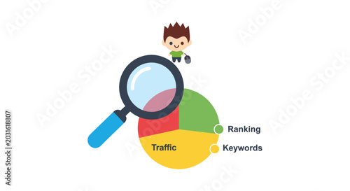 SEO and Data Analysis Illustration featuring a Cartoon Character with Magnifying Glass and Pie Chart for Marketing