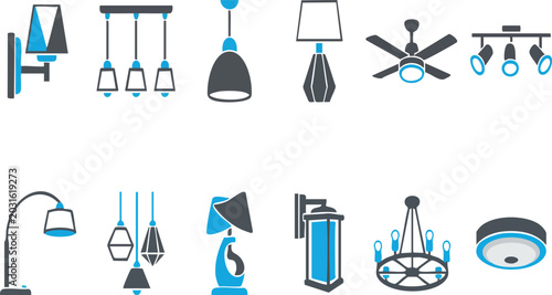 Foto Collection of Lighting Fixtures: A compilation of various modern lighting fixtures, including chandeliers, pendant lights, wall sconces, and floor lamps, displayed in a clean, graphic style