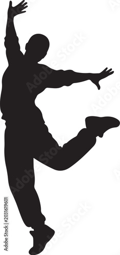 Black silhouette of young man dancing jumping isolated on white background full body graphic illustration for design element print vector.