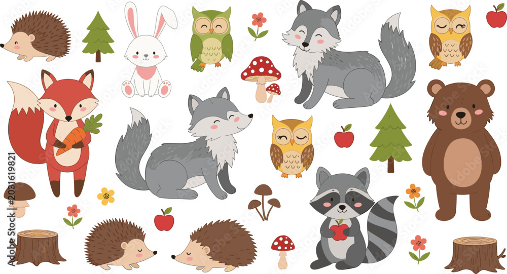 Obraz premium Cute Woodland Forest Animals Clipart Vector Set with Bear Fox Wolf Owls and Hedgehogs for Kids Room Nursery Prints and Sticker Designs