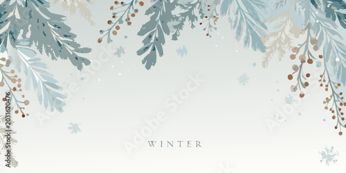 Tableau sur toile watercolor pine fir branches with berries in cool teal and gray tones