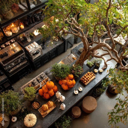 Cozy Cafe Counter Full of Small Pumpkins and Vibrant Greenery