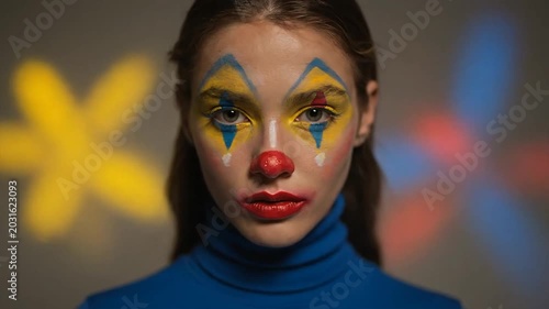 Woman with clown makeup against blurred lights background studio shot
