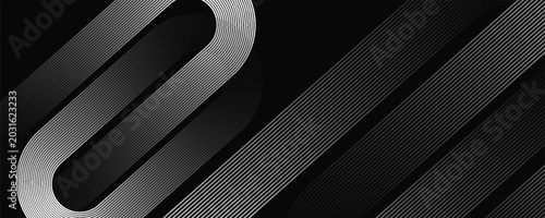 Abstract elegant black background with shiny gold geometric lines. Modern golden diagonal rounded lines pattern. Luxury style. Horizontal banner template.