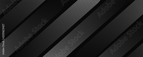 Abstract elegant black background with shiny gold geometric lines. Modern golden diagonal rounded lines pattern. Luxury style. Horizontal banner template.