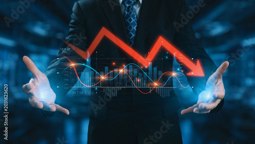 Фотография Economic caution visualized with fluctuating market graph, alert symbols, and negative data trends