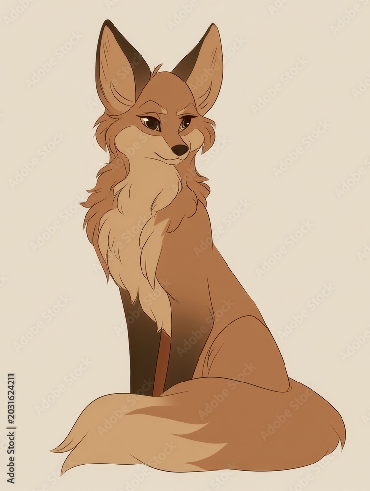 Naklejka premium Cute cartoon fox character digital art illustration sitting down and looking to the side with a sweet smile big fluffy tail and clean line art style isolated on a soft beige background