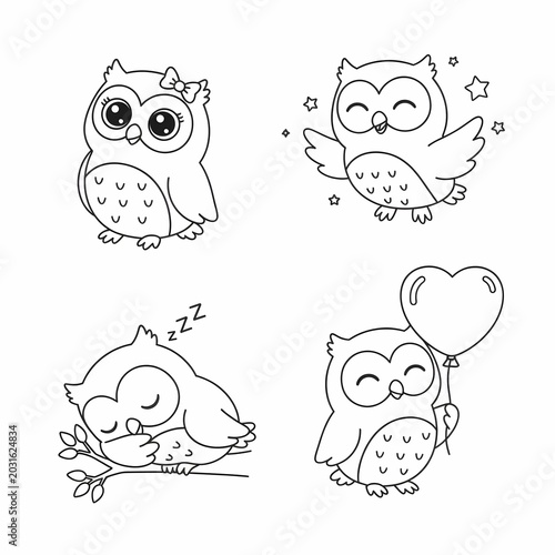Cute owl set coloring page for kids
