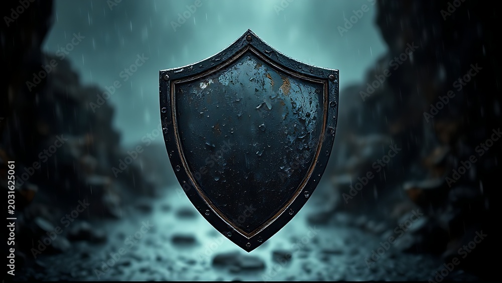 Fototapeta premium Weathered shield emblem against an eroded background in the rain, symbolic resilience.