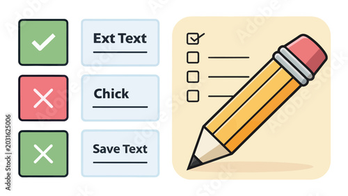 An illustration of a pencil checking a checkbox on a form with sample text boxes for data collection and editing