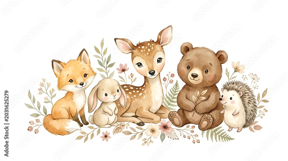 Naklejka premium Cute Forest Animals Watercolor Illustration - Fox, Deer, Bunny, Bear, Hedgehog
