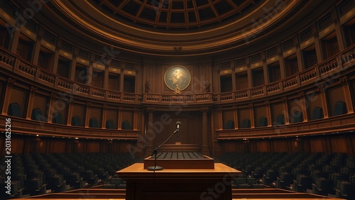 An empty podium with a microphone in a grand parliamentary hall, a single spotlight illuminating the stage.