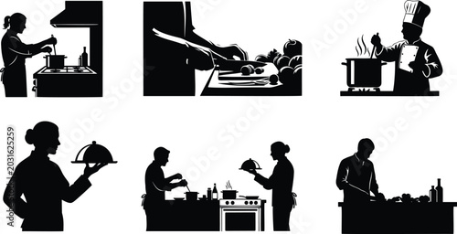Bild auf Leinwand Professional chefs cooking in kitchen restaurant vector silhouette line art icons design