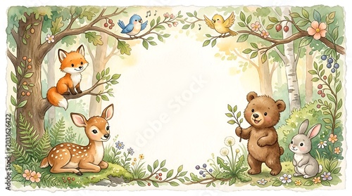 Cute Forest Animals in Watercolor, Woodland Creatures Frame, Baby Animals Illustration