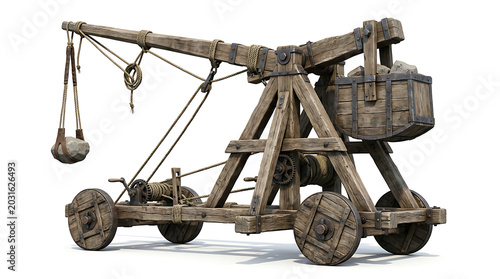 Detailed 3D rendering of a powerful historical trebuchet, a formidable medieval siege weapon