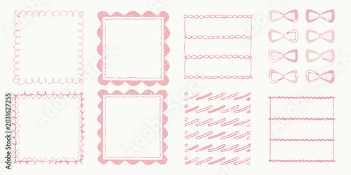 ten hand drawn decorative frames in light pink ink on a white background