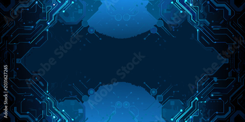 Foto blue circuit board pattern with symmetrical framing and central negative space