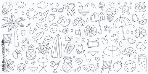 hand drawn summer doodle set with tropical fruits beach items and floral elements