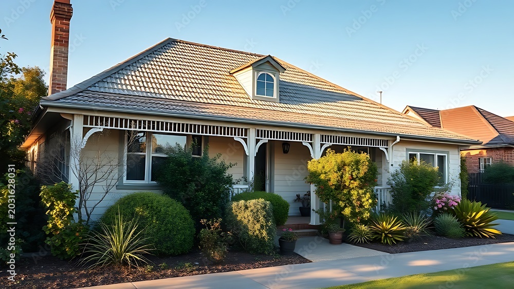 Fototapeta premium Charming suburban house with garden under clear blue Australian sky