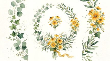 Watercolor Yellow Flowers and Greenery Wreath, Bouquet, and Border