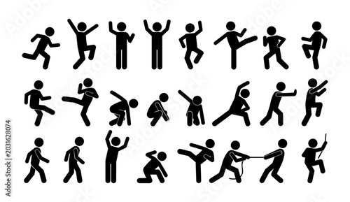 Dynamic Stickman Action Poses Silhouette Vector Icon Set.