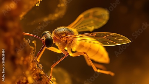 Ancient insect encased in golden amber, translucent resin capturing natural details.