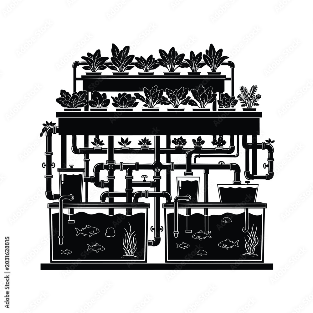 Fototapeta premium Aquaponic system with fish tanks and leafy greens in black vector graphic.